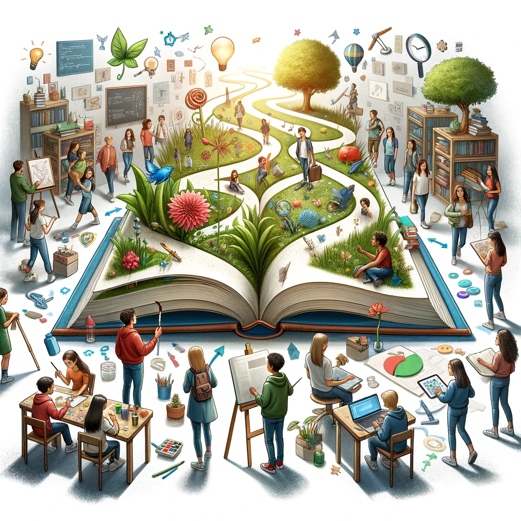 An illustration of a diverse group of high school students gathered around a large, open book. The book is a metaphor for their tailored educational j