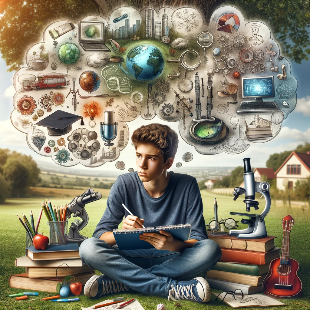 DALL·E 2023-11-07 13.56.09 - A curious teenager with a thoughtful expression sits under a tree in a serene park, surrounded by a variety of educational tools and symbols. They are